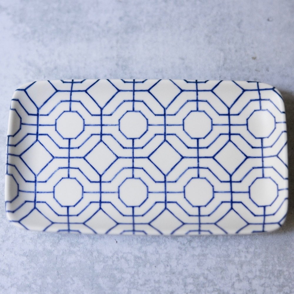Two's Company small blue white ceramic geometric vanity bathroom tray
